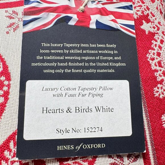 Hines Of Oxford Luxury Tapestry Accent Pillow Heart  Bird Faux Fur 18" New - Picture 6 of 8